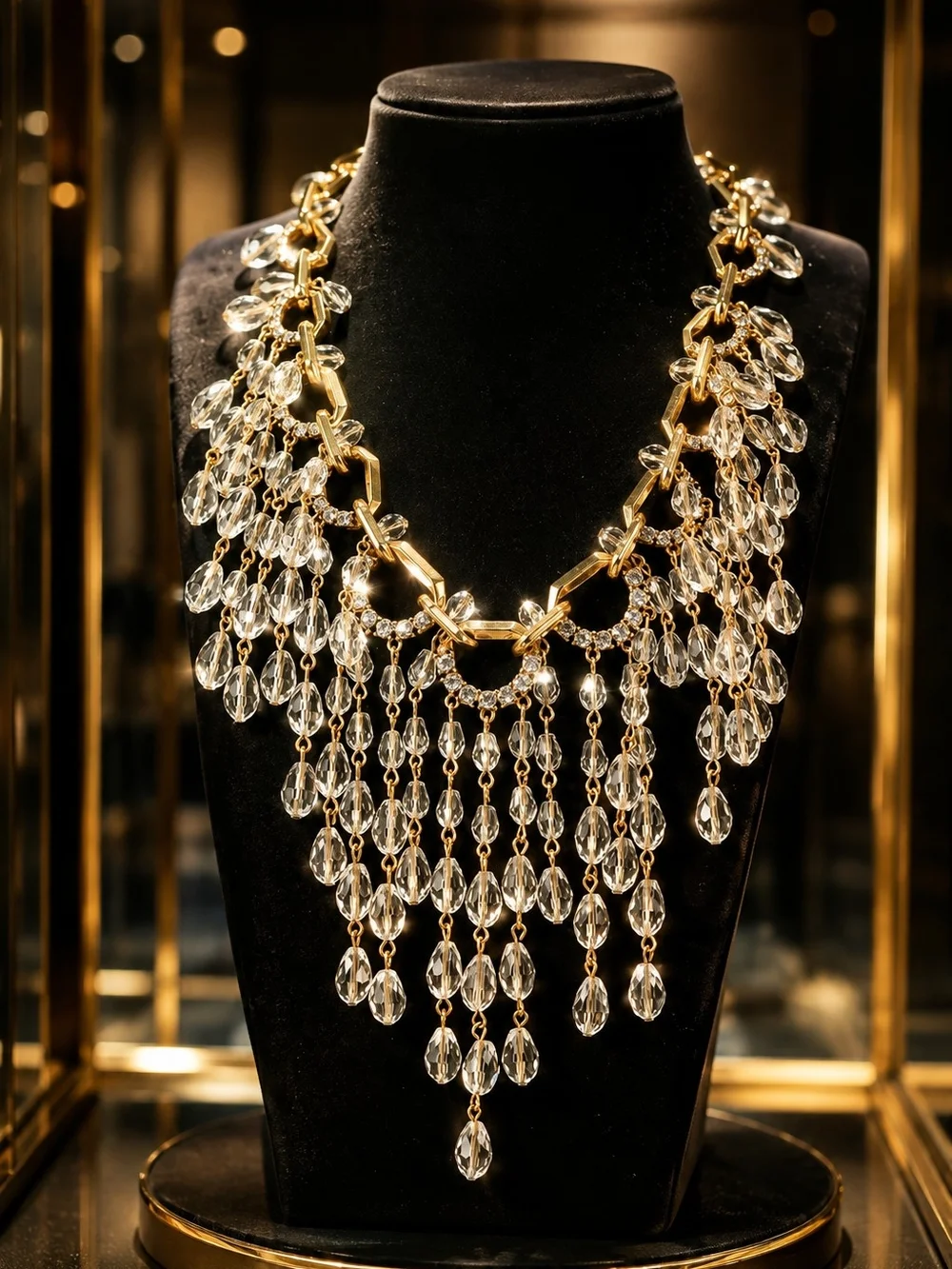 Statement Gold Necklace with Clear Crystal Fringe - Women's Jewelry